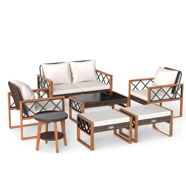 7 Piece Patio Furniture Set - PE Wicker Acacia Wood Outdoor Conversation Set