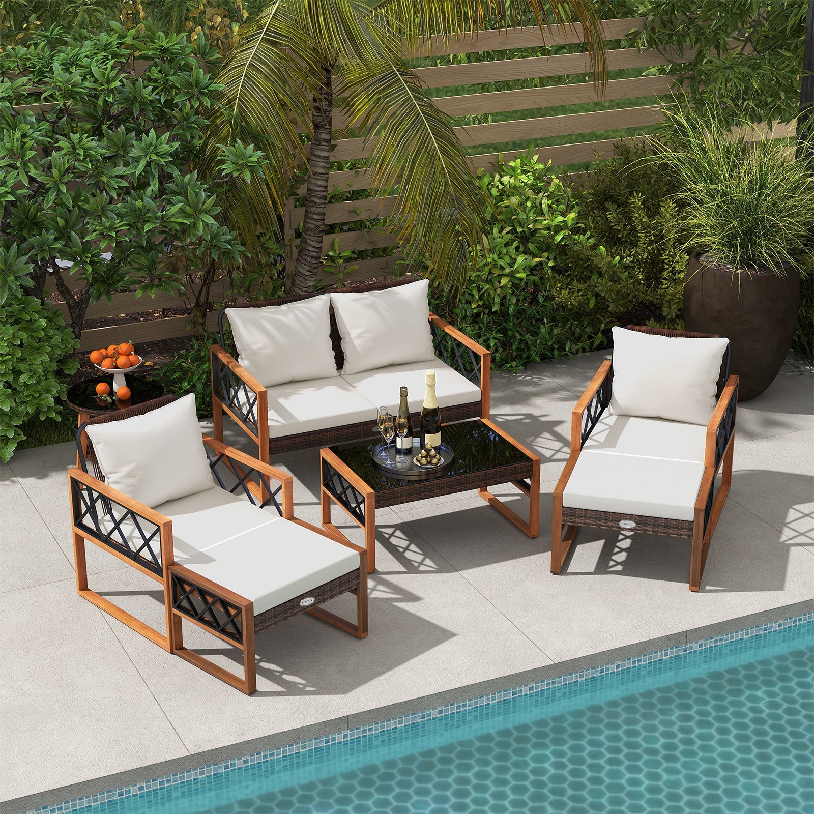 7 Piece Patio Furniture Set - PE Wicker Acacia Wood Outdoor Conversation Set