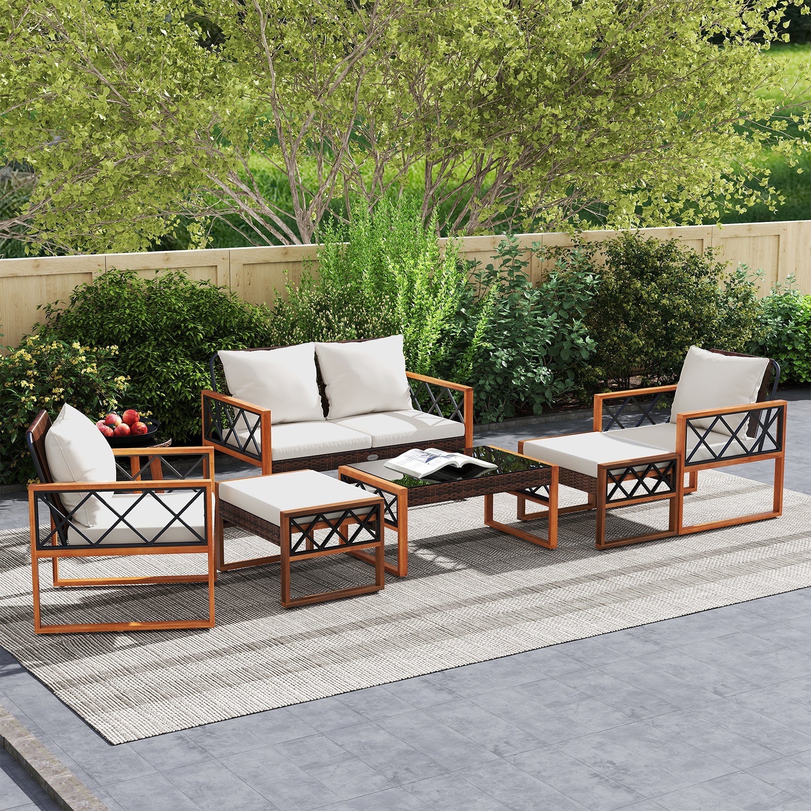 7 Piece Patio Furniture Set - PE Wicker Acacia Wood Outdoor Conversation Set