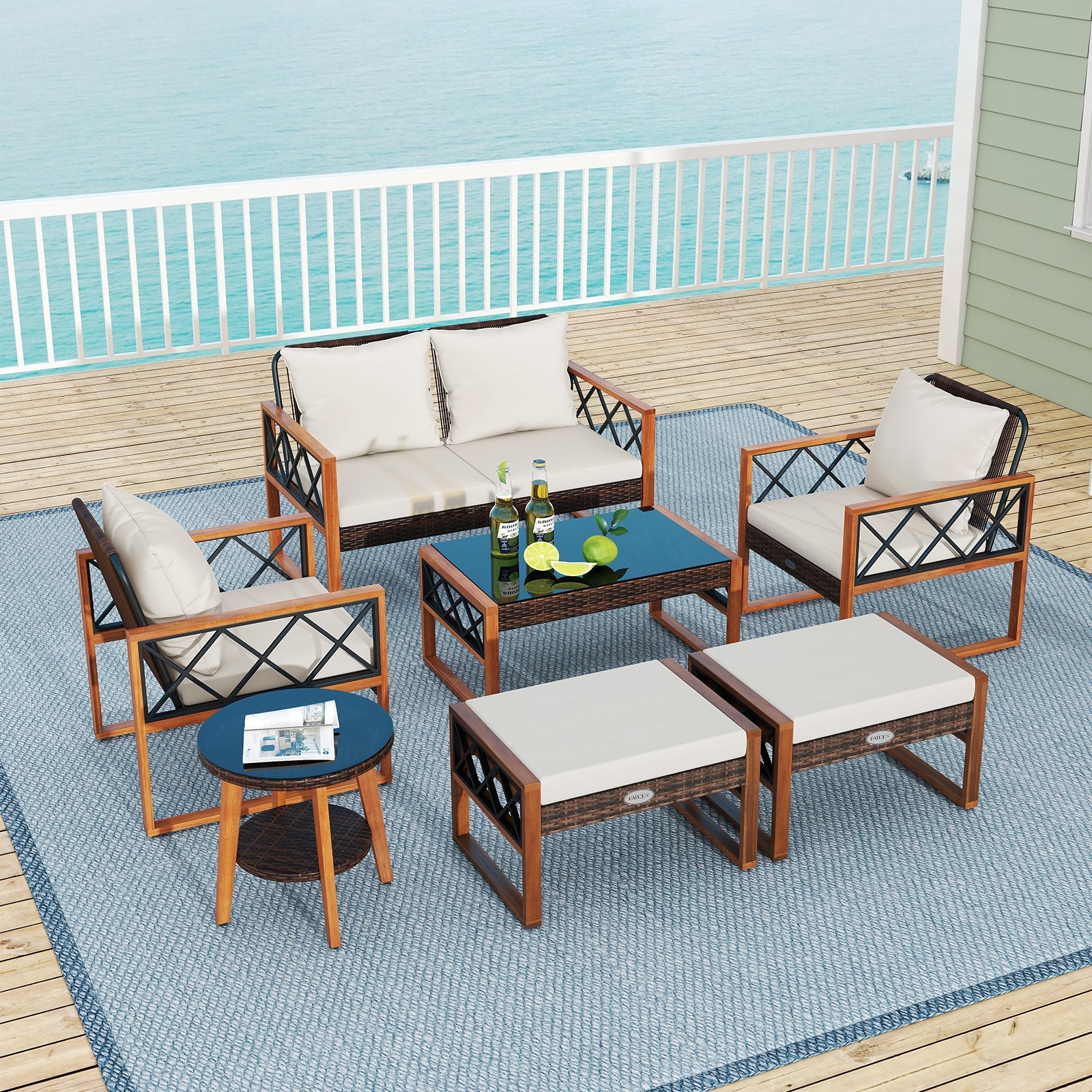 7 Piece Patio Furniture Set - PE Wicker Acacia Wood Outdoor Conversation Set