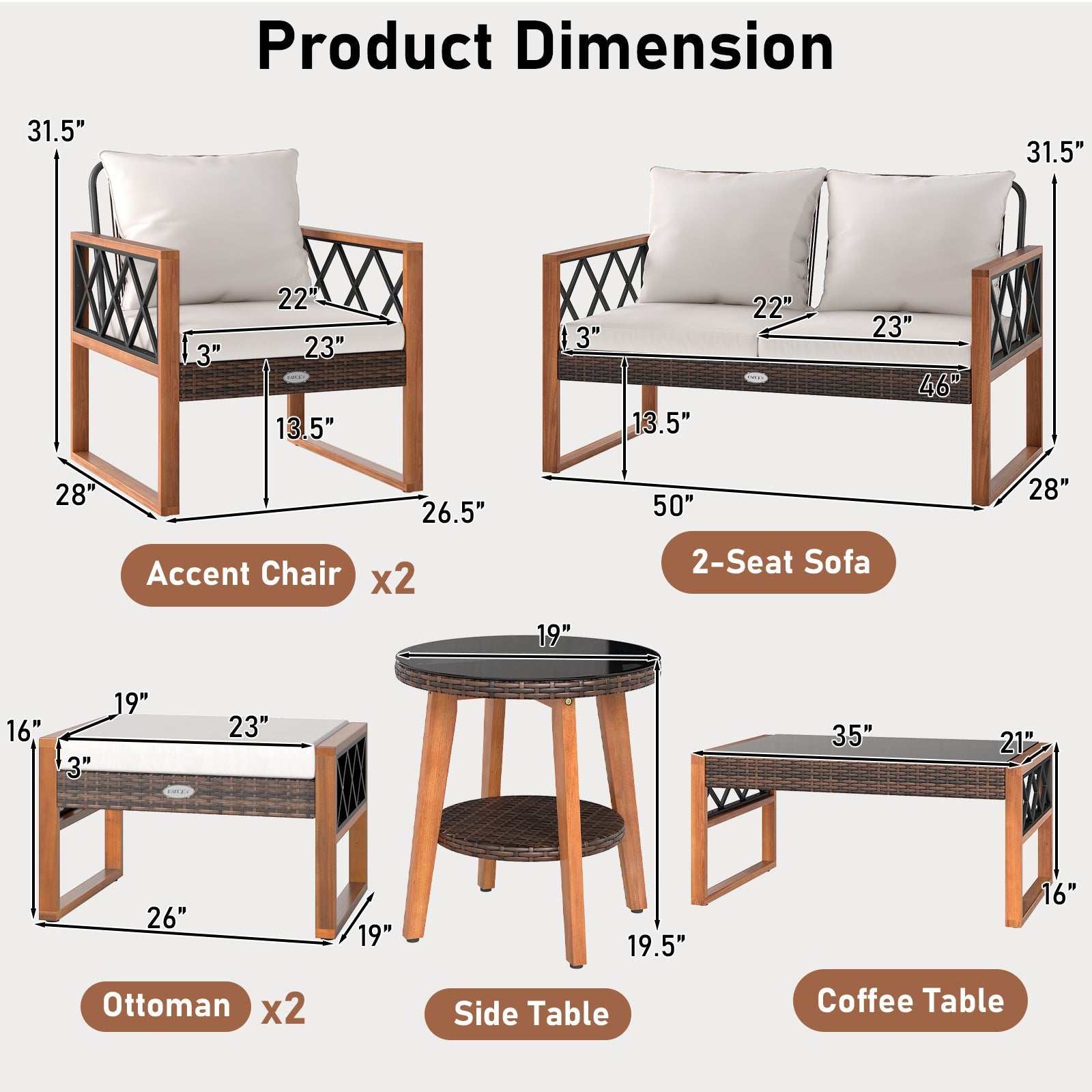 7 Piece Patio Furniture Set - PE Wicker Acacia Wood Outdoor Conversation Set